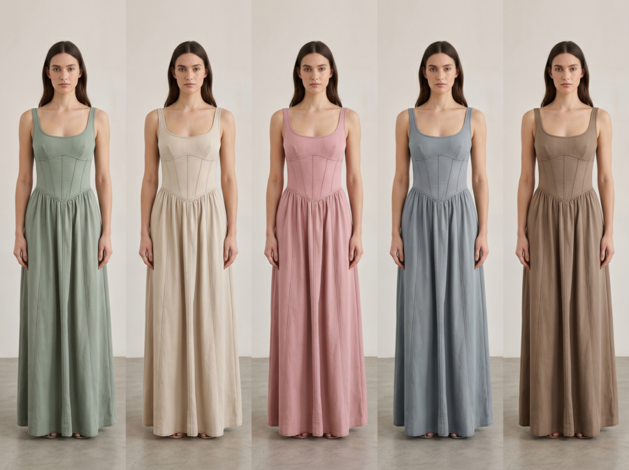 AI recolor comparison of Cotton Corset Maxi Dress in five Morandi colorways on a fashion model in studio
