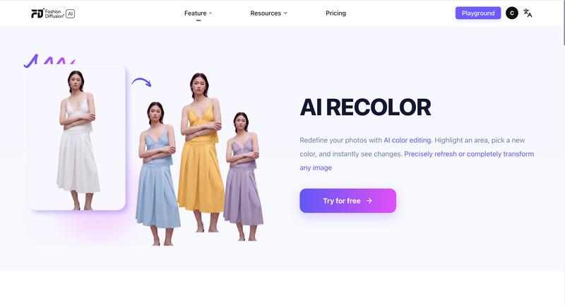 Fashion Diffusion AI recolor tool interface showing image color changer UI for fashion garments