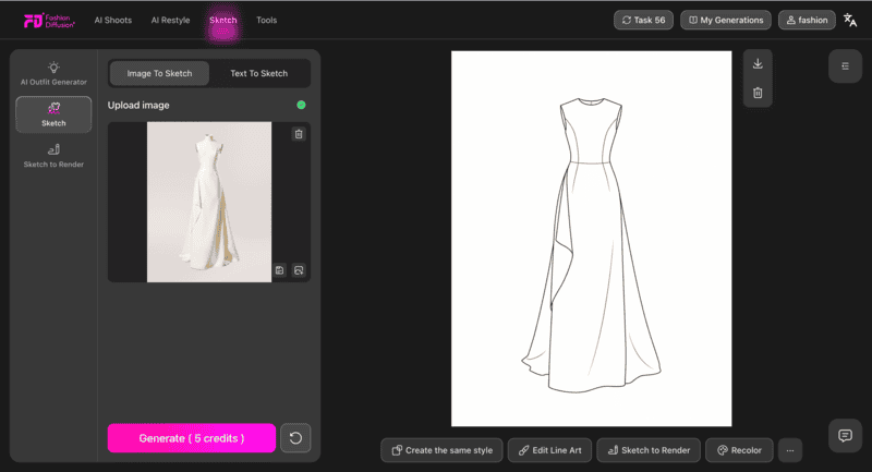 Generate garment sketches directly with an AI sketch generator
