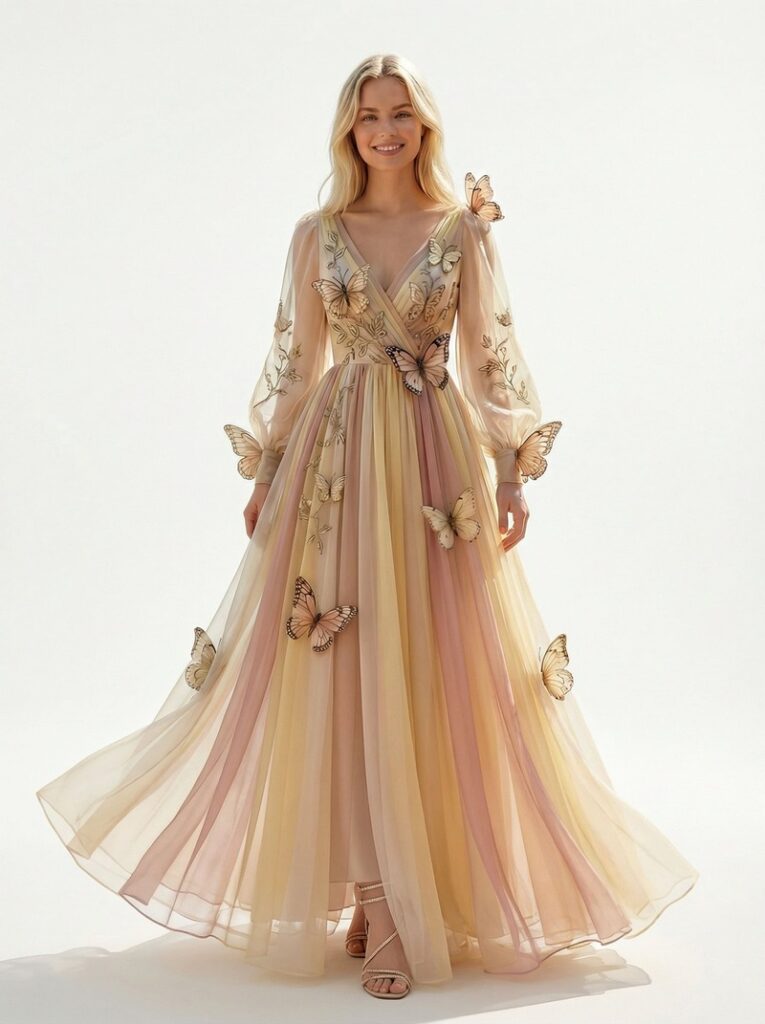 A high-fidelity 3D fashion render of a butterfly-themed tulle dress, showing realistic fabric textures and lighting converted from a base sketch.