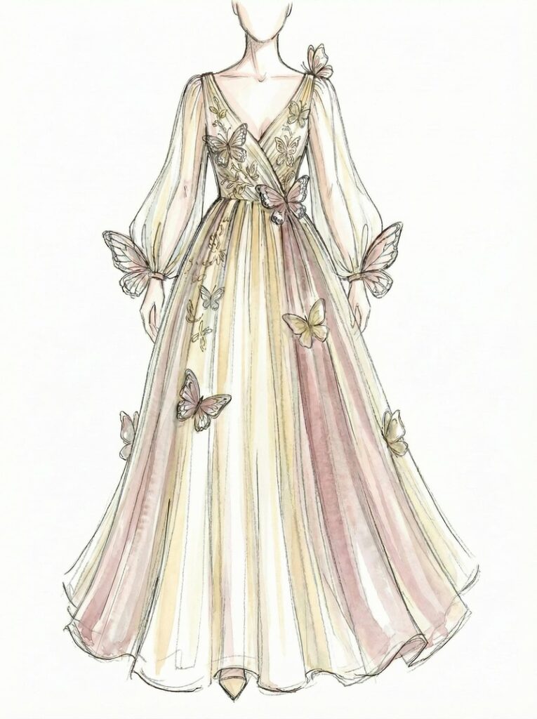 A professional AI-generated fashion sketch of a vacation-style tulle dress with intricate butterfly elements, created using Fashion Diffusion's Text to Sketch tool.