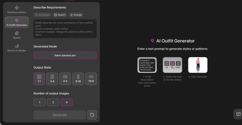 You can use Fashion Diffusion's AI Outfit Generator feature to define the overall design direction.