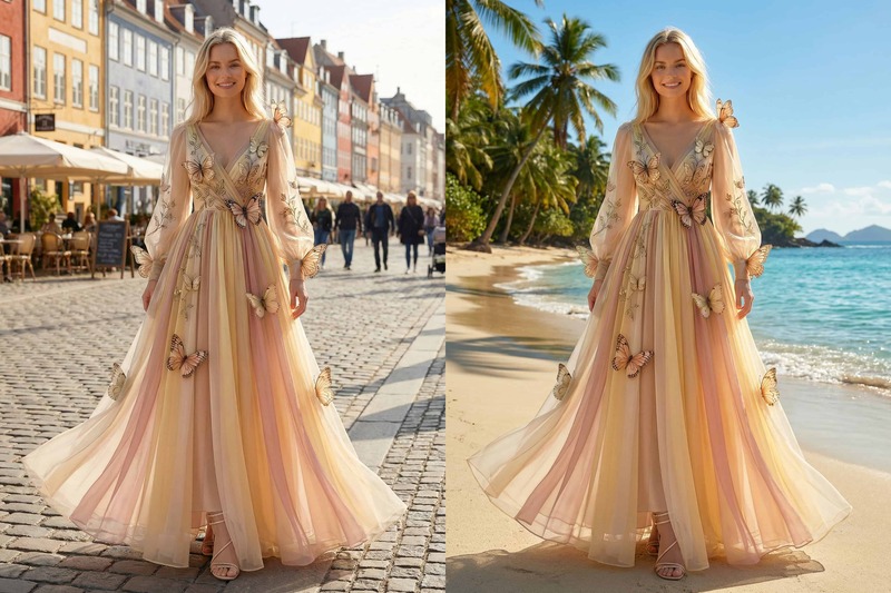 AI-powered background synthesis demonstrating a custom-designed butterfly dress in a European street setting and a tropical beach environment.