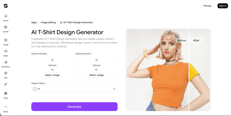 ImagineArt positions itself clearly as an AI T-shirt design generator built for creating custom merch visuals quickly.