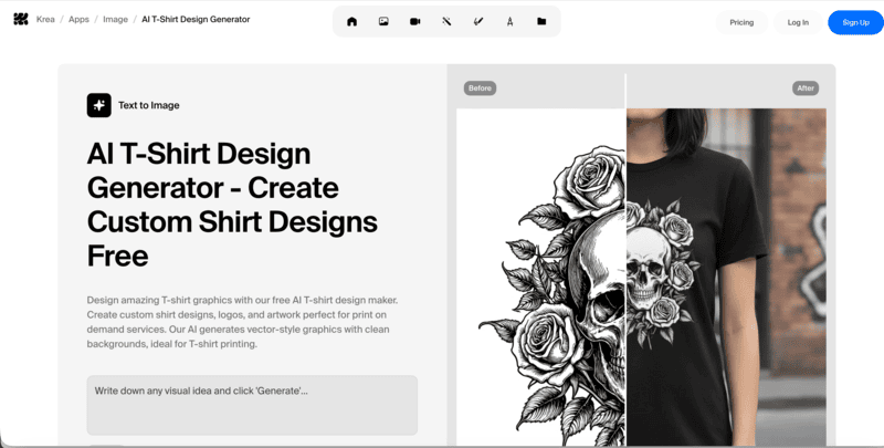 Krea is an AI T-shirt design generator designed to create clean, print-ready graphics.
