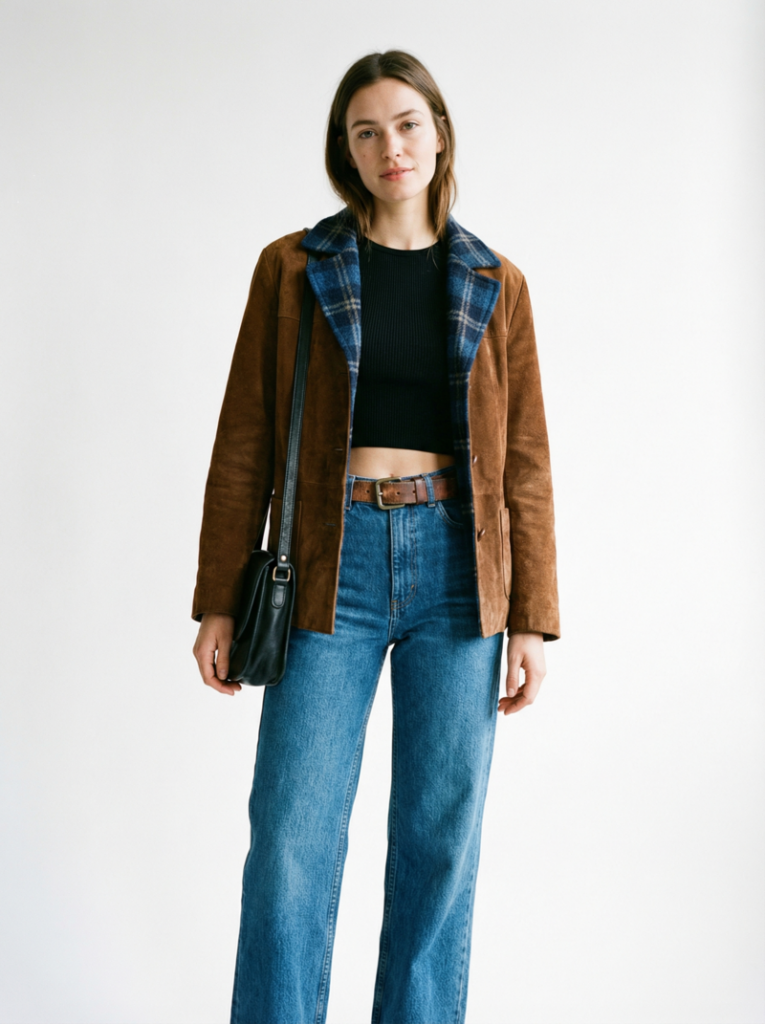 Fashion Diffusion AI-generated model, wearing a brown jacket and blue wide-leg jeans.