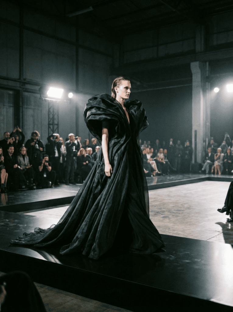 Editorial runway black gown by Fashion Diffusion's AI Outfit Generator feature.