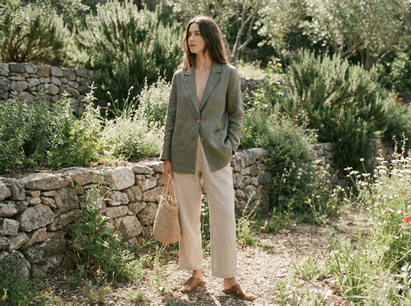 AI ecological sustainable outfit with linen blazer and pants in a garden.