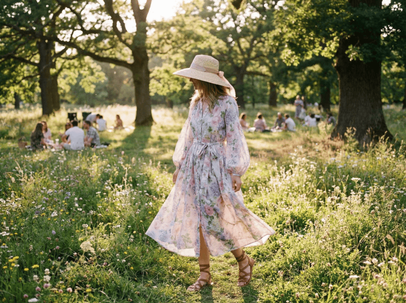 AI boho outfit with floral summer dress in a sunny park.
