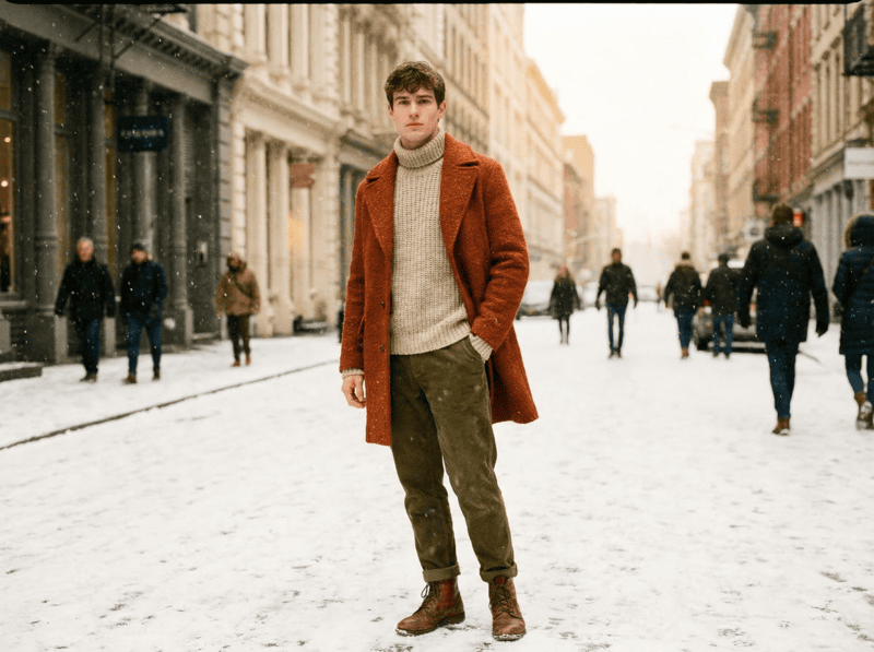 Winter outfit with knit sweater, coat, and scarf on a snowy street.