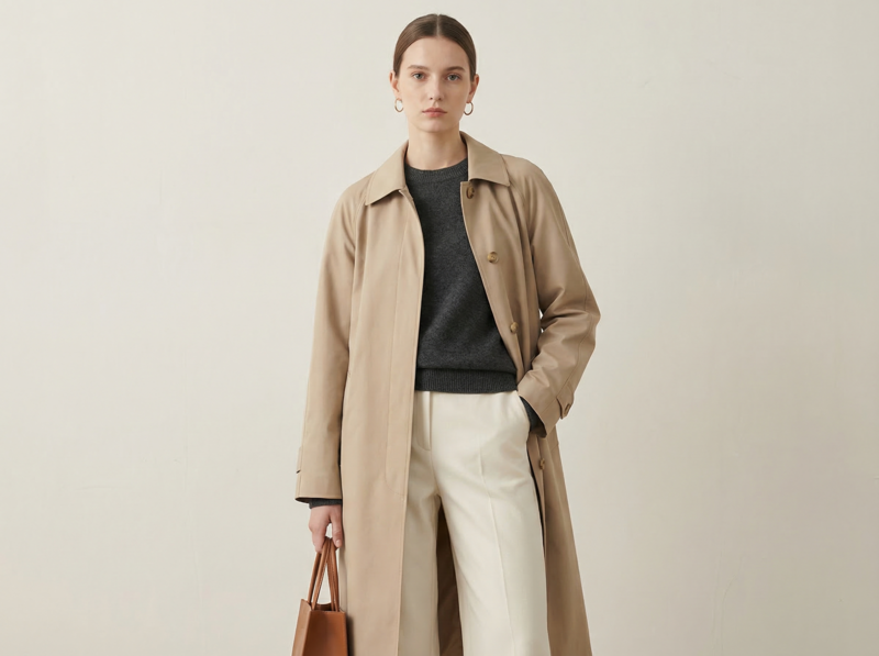 Minimalist AI fashion outfit with beige trench coat in a studio setting.