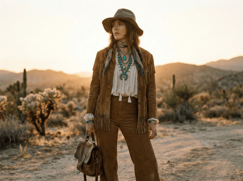 AI vintage outfit with suede jacket and wide-leg pants at sunset.