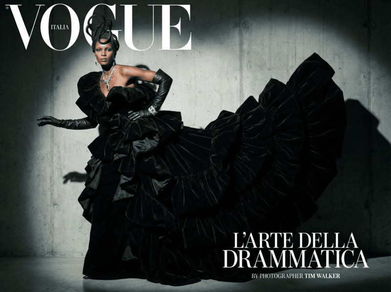 AI fashion editorial outfit with black velvet ruffled gown in studio.