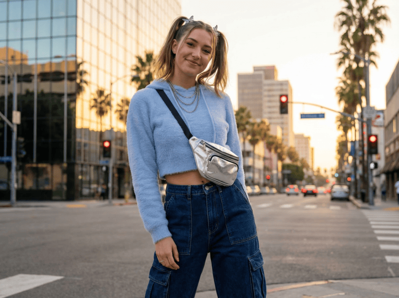 AI Y2K outfit with cropped hoodie and cargo pants in an urban sunset.