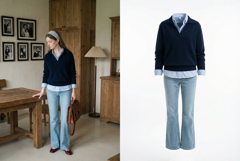 AI ghost mannequin generator example turning a styled outfit photo into clean clothing product image.
