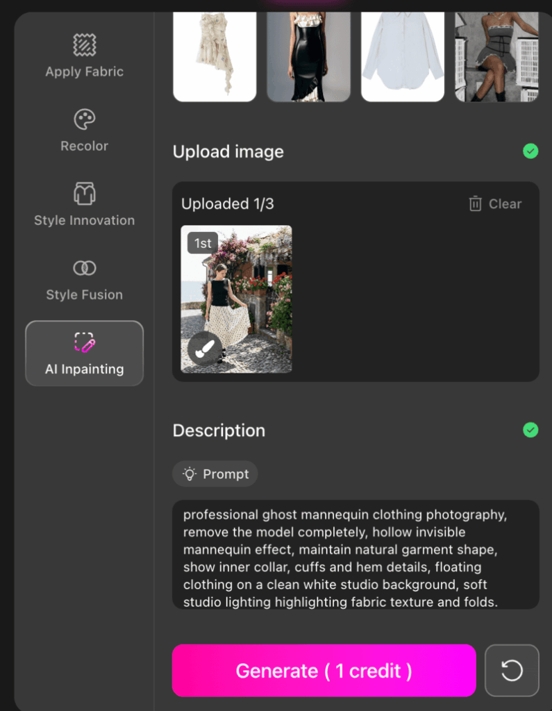 Fashion Diffusion's product page when entering the description prompt.