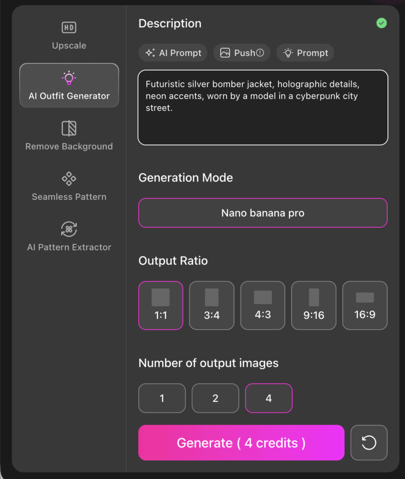 Fashion Diffusion's AI Outfit Generator usage page.