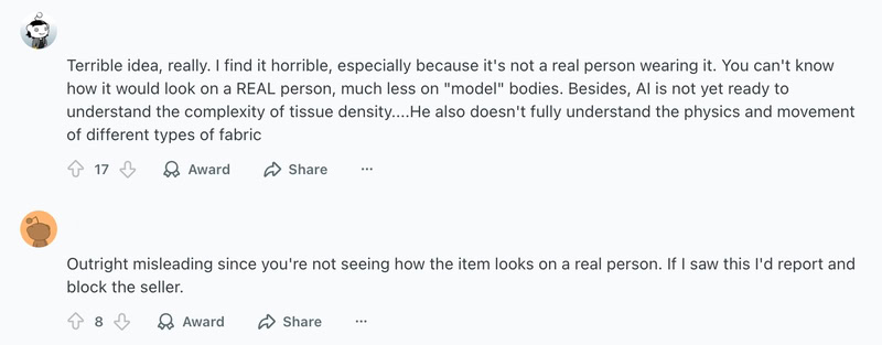 User complaints about unrealistic AI-generated fashion images.