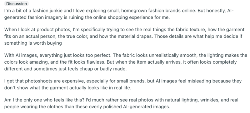 Concerns about AI fashion images and product mismatch.