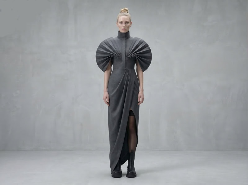 AI futuristic outfit with gray high-neck dress and asymmetrical slit in a minimalist setting.