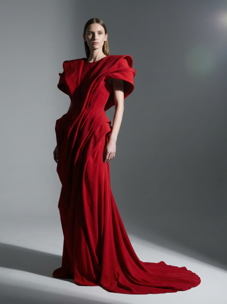 Female model wearing a dramatic red avant-garde gown with exaggerated shoulders, captured in a minimalist studio with sharp studio lighting and a gray background, fashion editorial style.