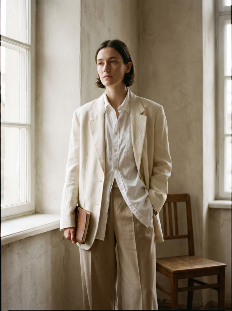 Classic intellectual poet-Oversized blazer + white shirt + wide-leg trousers