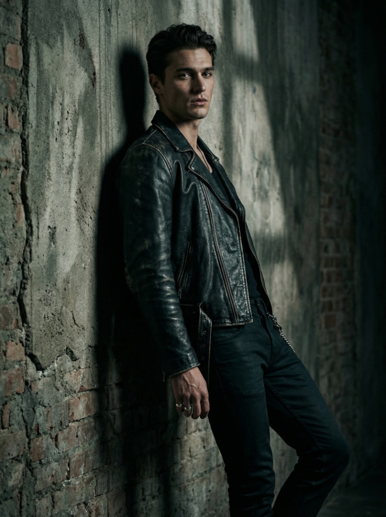 Male model leaning against a textured wall in dim light, wearing a black leather jacket and fitted trousers, with dramatic shadows and moody lighting creating a gothic, cinematic feel.