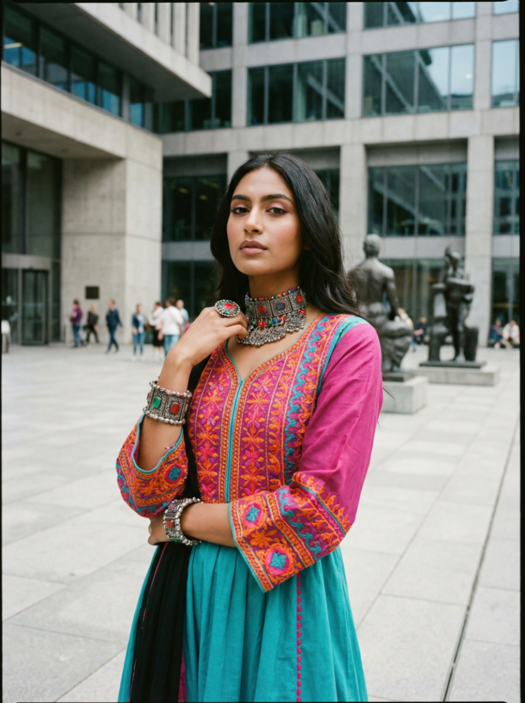 Female model in an urban square, wearing a modern dress inspired by South Asian traditional embroidery, with bold accessories and a mix of vibrant colors, blending cultural influences with contemporary style.