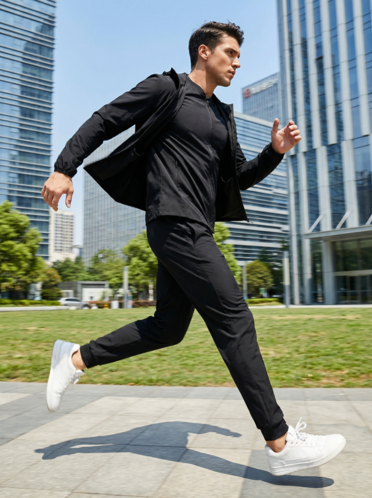 Male model running in a city park, wearing a sleek black tracksuit and white sneakers, with dynamic motion blur and bright daylight highlighting his energetic athleisure outfit.