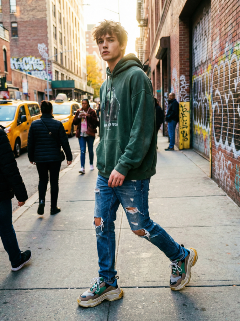 Young male model walking in an urban street, dressed in an oversized hoodie, distressed jeans, and chunky sneakers, with vibrant graffiti walls and natural sunlight highlighting the scene