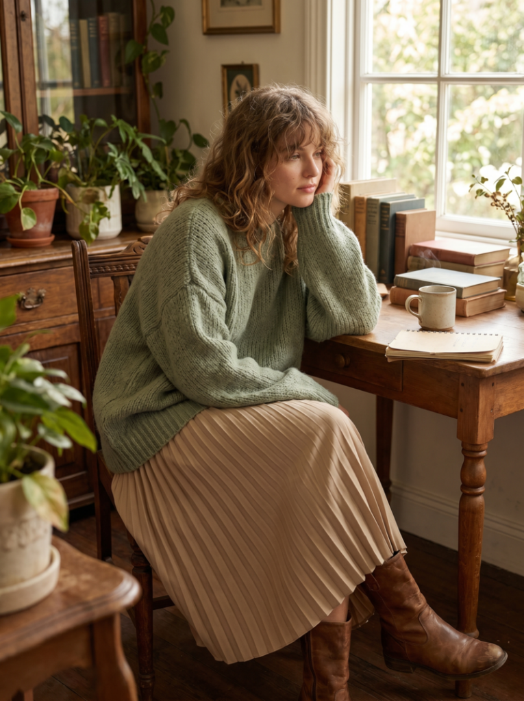 Soft Bookish Look-Vintage knit sweater + pleated skirt