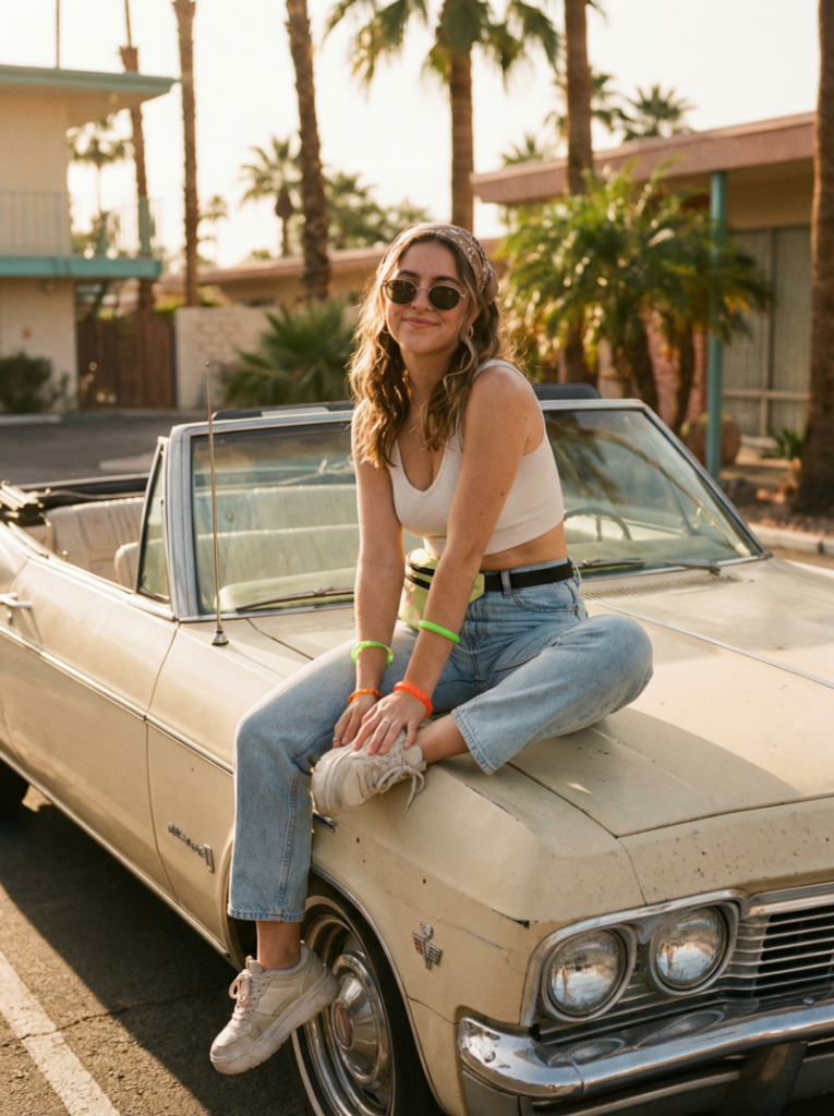 Female model sitting on a vintage convertible car, wearing high-waist denim jeans, crop top, and platform shoes, with a retro 90s vibe and sunlit afternoon setting.