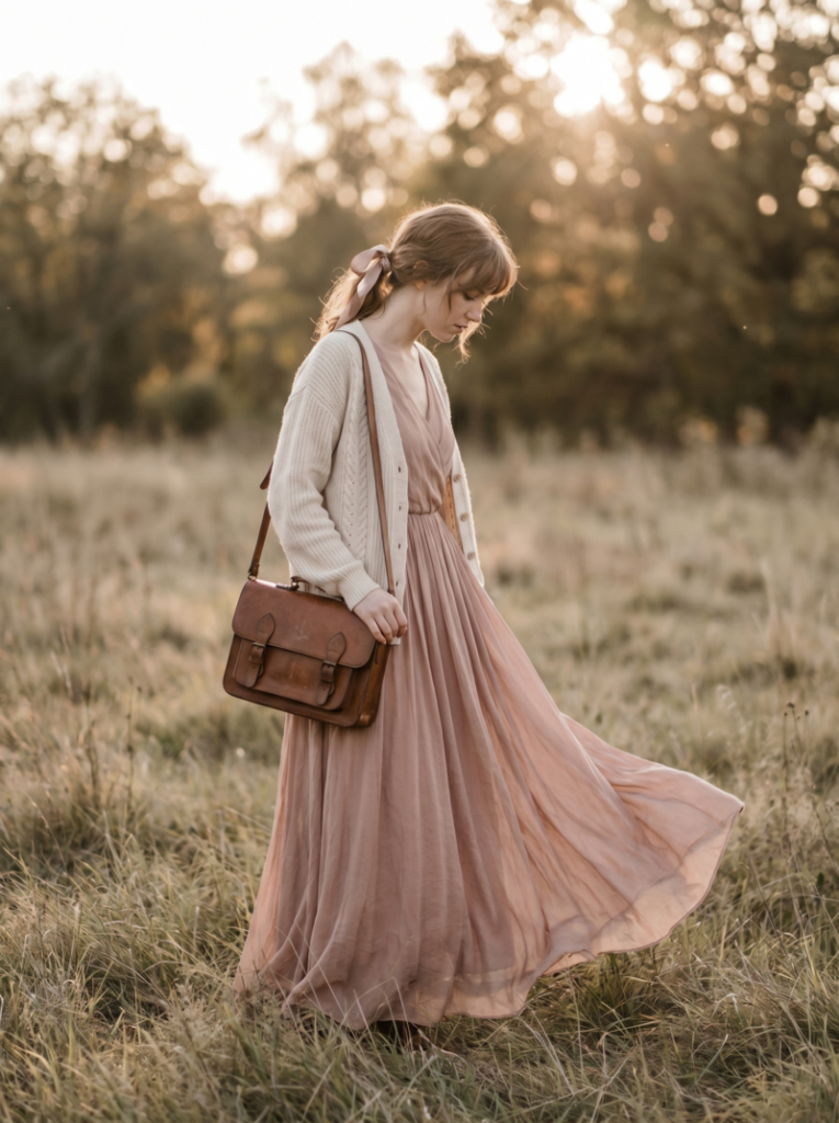 Romantic Poet-Flowy dress + cardigan + leather bag