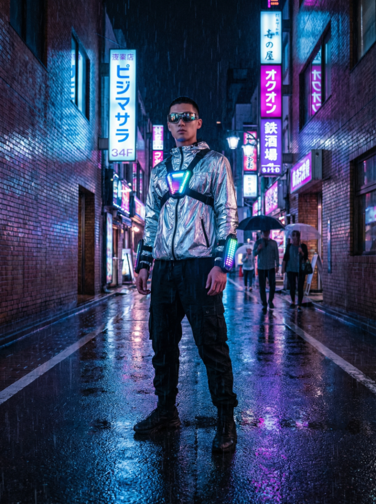 Male model standing under neon lights in a rainy cyberpunk city alley, dressed in a metallic silver jacket, black cargo pants, with reflective sunglasses and dramatic lighting.