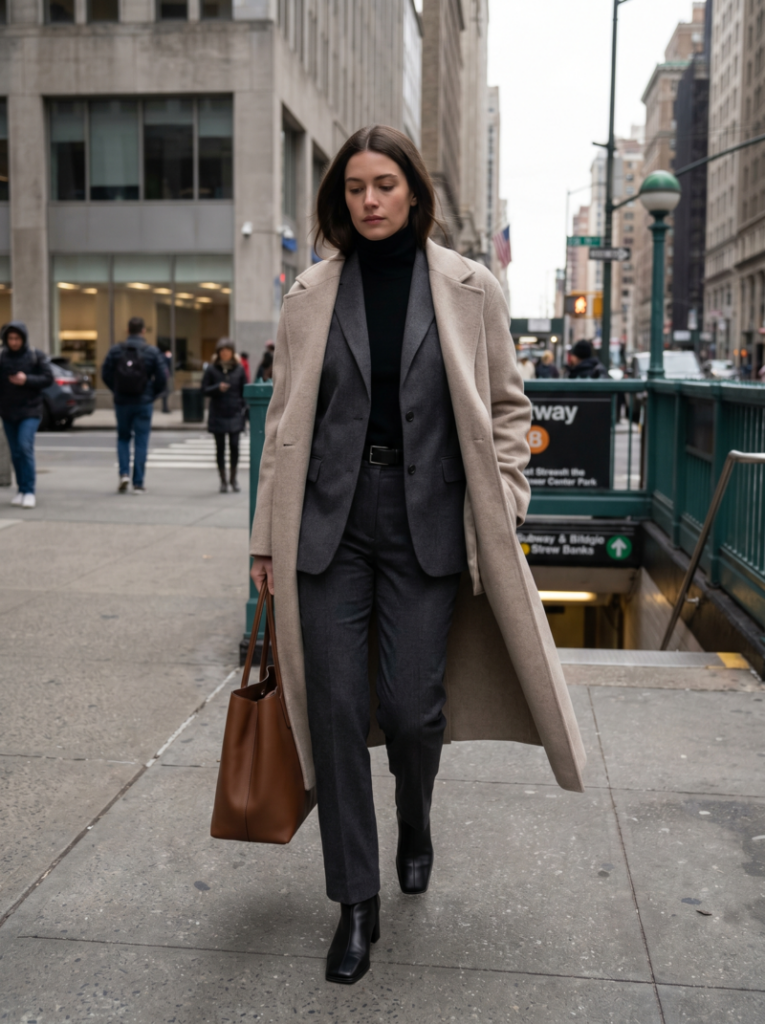 A slightly more styled version, combining structure and layering for a city-ready aesthetic.