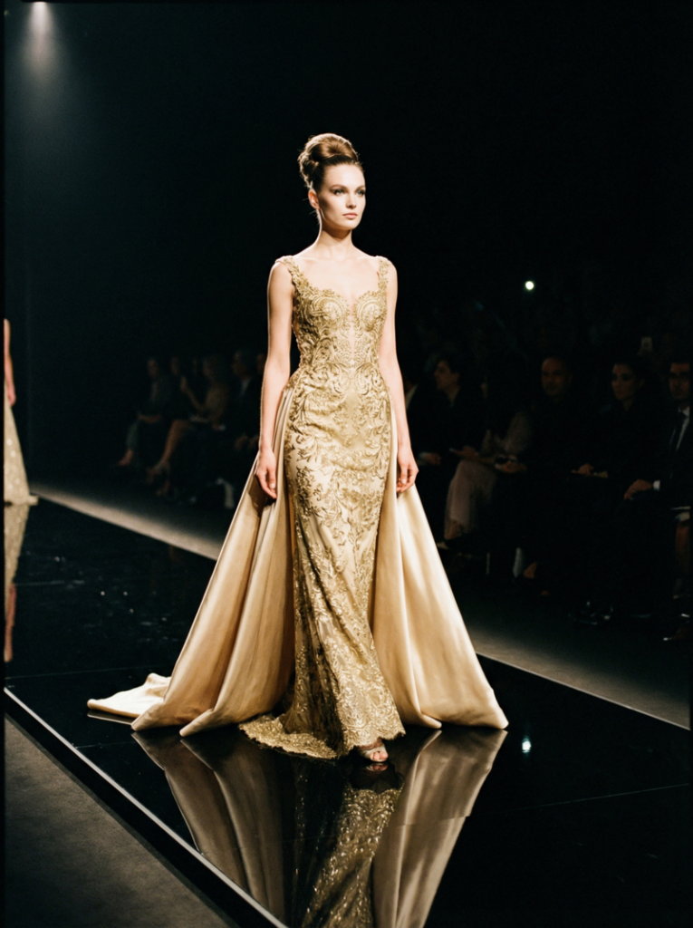 Female model walking down a luxurious runway in a gold-embroidered gown with a silk train, spotlight on the model with a dark audience silhouette in the background.