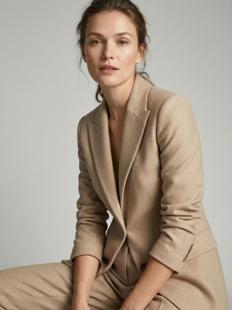 Close-up portrait of a female model in a white studio, wearing a sleek beige blazer and tailored trousers, with soft diffused lighting highlighting her natural beauty and minimalist style.