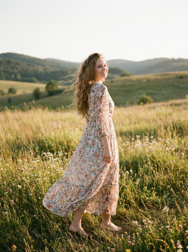 Female model standing in a sunlit meadow, wearing a flowy floral maxi dress, barefoot, with long wavy hair, captured during golden hour with a warm, bohemian vibe.