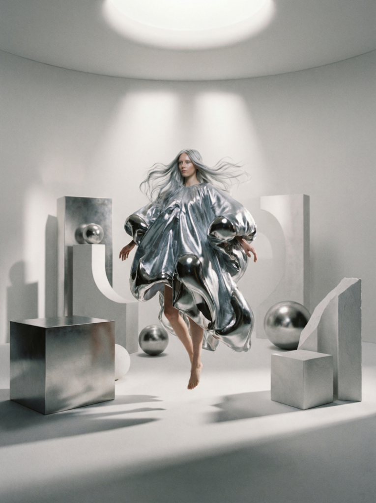 Female model in a surreal, abstract white room, wearing an oversized sculptural metallic garment, surrounded by geometric props and soft spotlighting for an avant-garde fashion look.