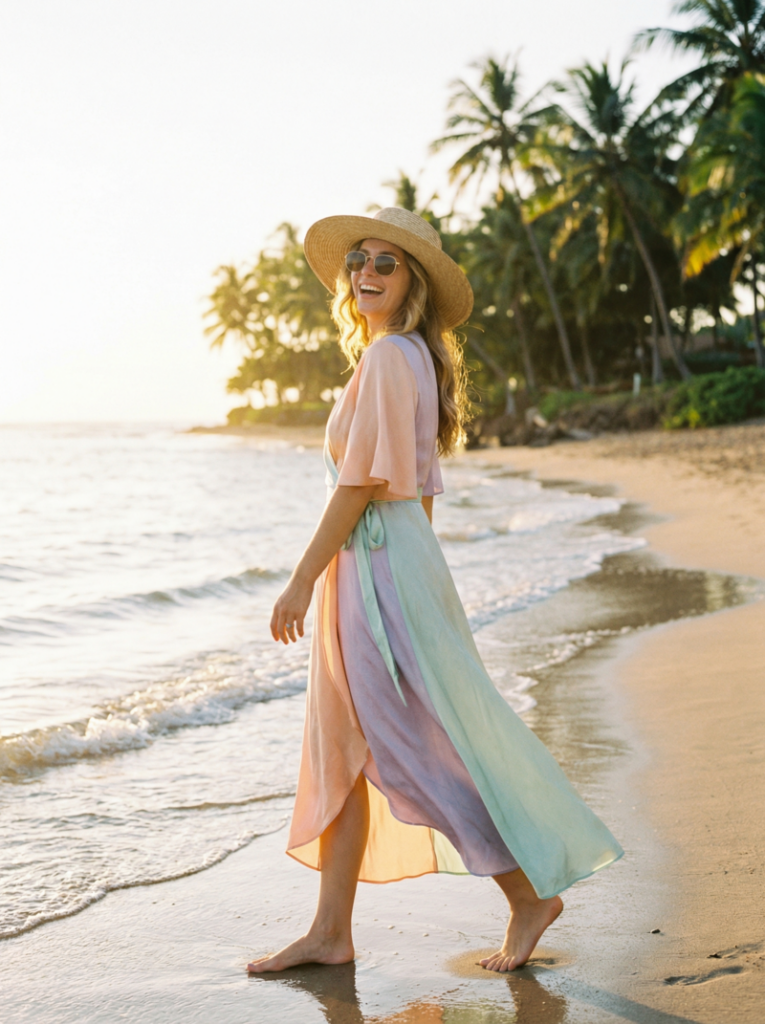 Female model walking along a tropical beach in a pastel-colored silk wrap dress, wearing a straw hat and sunglasses, with the sun casting a warm glow on the ocean background.