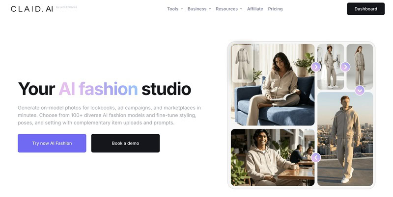 Claid.ai virtual try-on converting product images into clean model-based visuals for e-commerce.
