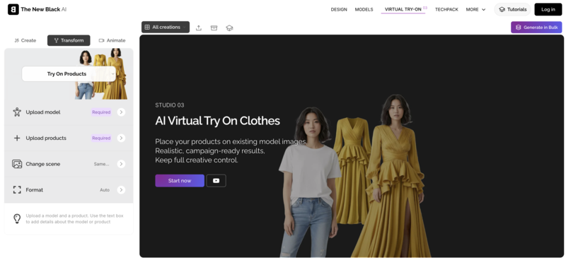 Creative AI virtual try-on tool for generating experimental and styled fashion visuals.