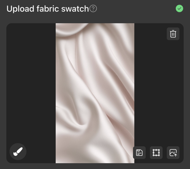 Start by uploading your fabric texture or pattern. This could be a photo of real fabric, a digital swatch, or a print design.