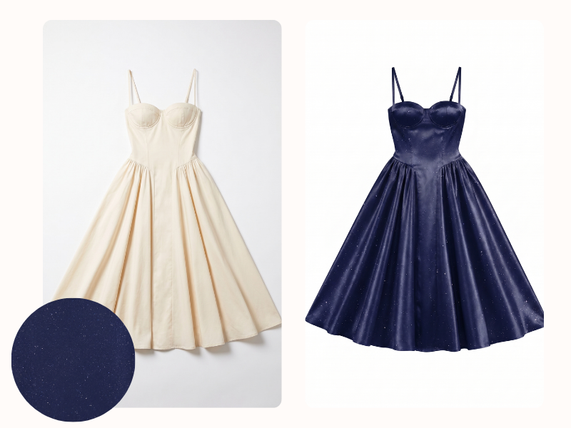 With apply fabric AI, you can instantly test various materials like silk, denim, or leather on your garment, and see how different patterns work on the fabric.