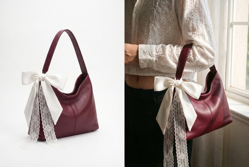 AI-generated model holding bag showing size and proportion.