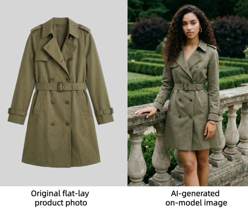 A comparison showing an original flat-lay product photo of a trench coat next to an AI-generated on-model image.