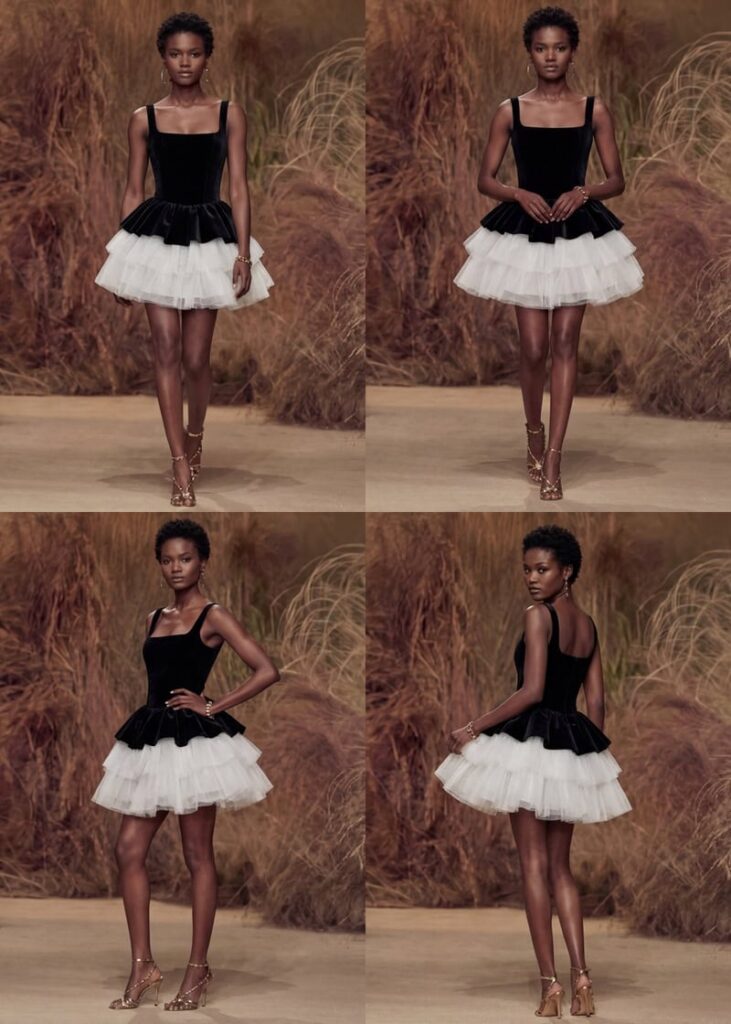 A set of AI-generated professional photos showing a black and white dress on a model from different angles.