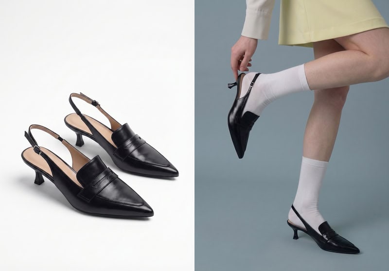 AI try-on shoes displayed on model for product listing.