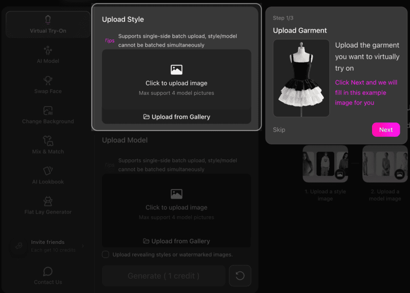 Interface of Fashion Diffusion showing the Upload Garment step for virtual try-on.
