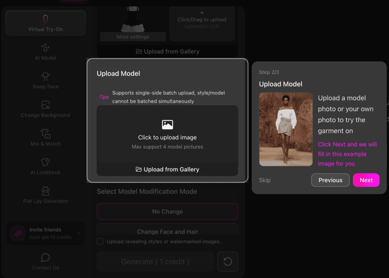 Interface of Fashion Diffusion showing the Upload Model step to select a model for the garment.